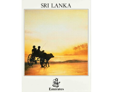 Original vintage travel poster by Emirates airline for Sri Lanka, featuring an illustration of a mule carriage with silhouett