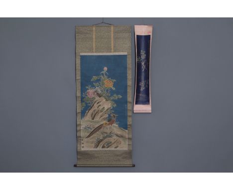 Two Chinese scroll paintings with birds among flower branches, signed, 19th/20th C. -- The largest: 127,5 x 63,5 -  193 x 83,