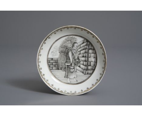 A Chinese grisaille 'Provender of the Monastery' saucer, Qianlong -- Dia.: 12,2 cmÊ Literature:Ê D. Howard & J. Ayers, China 