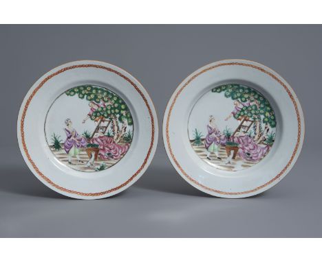 A pair of Chinese famille rose export porcelain 'Cherry Pickers' plates, Qianlong -- Dia.: 23,4 - 23,3 cmÊ Compare:Ê A simila