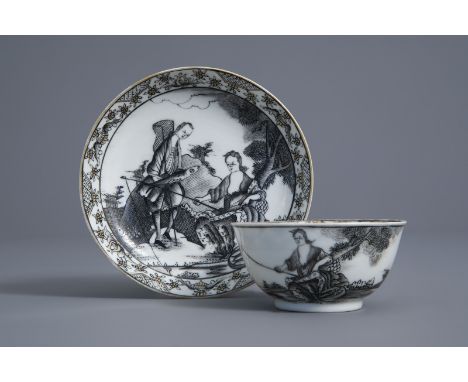 A Chinese grisaille cup and saucer with allegorical 'Agua' design, Qianlong -- Dia.: 11,9 - 7,8 cm (the cup and saucer)Ê H 3,