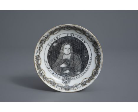 A Chinese grisaille saucer with the portrait of Petrus Boudaan, Qianlong -- Dia.: 11,8 cmÊ Literature:Ê J. Kroes, Chinese arm