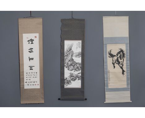 Three various Chinese scroll paintings, 20th C. -- The horse painting: 89,5 x 40 cm - 187 x 60 cm (incl. mounts)Ê The landsca