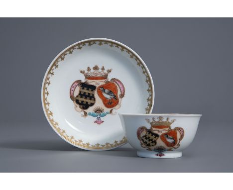 A Chinese famille rose Dutch market 'Van Slingelandt' and 'Van Overschie' armorial cup and saucer, Qianlong -- H 4 cm - Dia.: