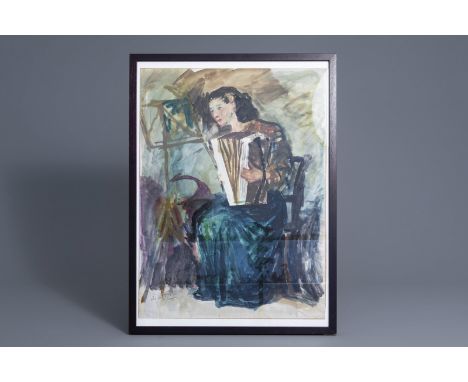 Chinese school, signed Sadji (Sha Qi, Sha Yinnian) (1914-2005), watercolour on paper: The female accordion player -- Work: 65