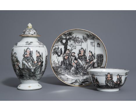 A Chinese grisaille tea caddy with cup and saucer with outdoor scene with a spinner, Qianlong -- H 13,2 cm (the caddy)Ê Dia.: