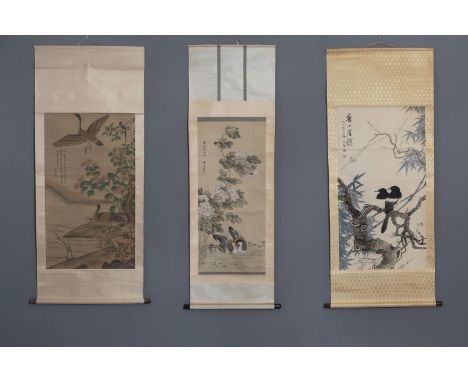 Three Chinese scroll paintings and prints with birds among flower branches, signed, 20th C. -- The magpies painting (paper): 