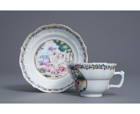 A Chinese famille rose 'Flora and Zephyr' cup and saucer, Qianlong -- Dia.: 13,9 - 9 cm (the saucer and the cup)Ê H 6,1 cm (t