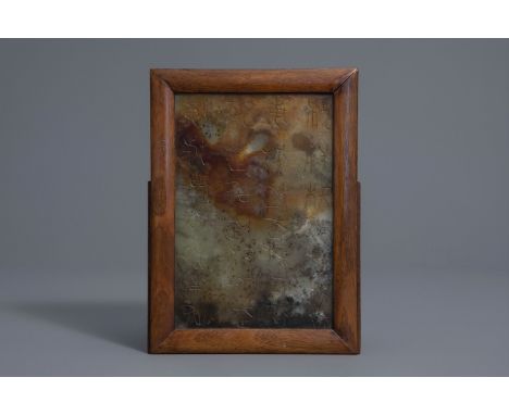 A Chinese rectangular inscribed jade tablet, Shang or later -- Work: about 21,5 x 14,5 cmÊ Frame: 24,3 x 17,5 cmÊ Not inspect