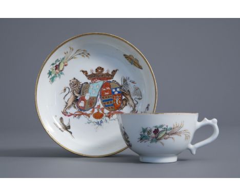 A Chinese famille rose Dutch market 'Van Scholten' en 'Wesele' armorial cup and saucer, Qianlong -- Dia.: 13,6 - 8 cm (the sa