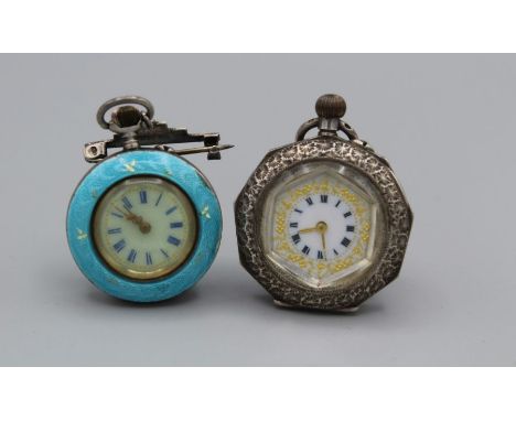 A pair of enamelled Swiss ladies pocket watches. One is an 800 silver enamelled watch with blue enamel outer case (with some 