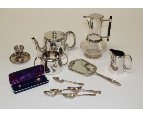 A small quantity of EPNS, to include a Dresser-type claret jug, three piece tea service, egg cup and grapefruit spoons, toget
