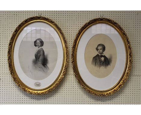A pair of 19th half length portrait stipple engravings, a young man and a young woman, each in formal attire. 39 x 28cm, oval
