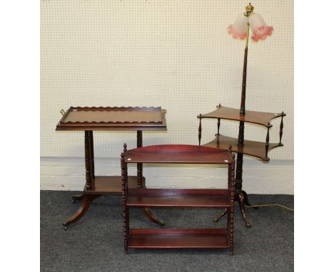 A reproduction mahogany tray topped occasional table, together with a two light fitted mahogany occasional table with frilled