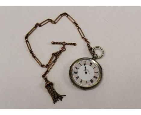 A late 19th century continental silver .800 cased fob watch with key wind movement and enamel Roman 3cm dial together with a 