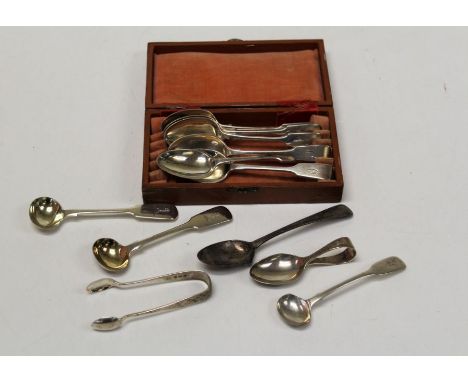 A set of six Victorian teaspoons, marked for Mark Willis, Sheffield 1893, in fitted case. Along with a set of sugar tongs, ma