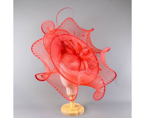 PETER BETTLEY LONDON - Large red fascinator, with feather, bead and twirl detail, headband and comb fastening, brim width inc
