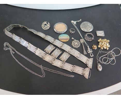 A collection of silver, vintage and costume jewellery - To include a panel belt.