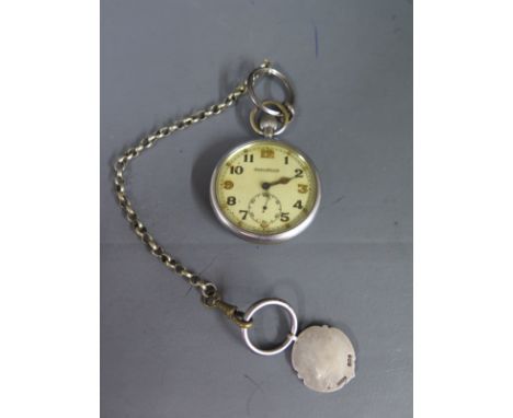 A Jaeger LeCoultre Military top wind watch base metal pocket watch - Diameter 5cm - stamped G.S.T.P 355609 with a chain 
Cond