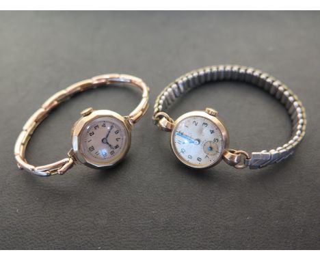 Two 9ct gold Ladies wristwatches with sprung plated straps both manual wind 
Condition report: One working 