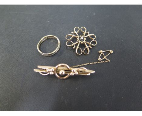 Two brooches - One with enamel and single-cut diamond detail - Both with marks indicating 9ct gold - Widths 4.7 and 2.5cms - 
