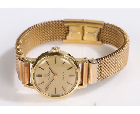 Omega Geneve ladies gold plated wristwatch, the signed gilt dial with baton markers, the caseback with presentation inscripti