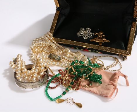 Jewellery to include two strand and three strand pearl necklaces, white metal bangle, gilt ring, leaf form brooch, Kent regim