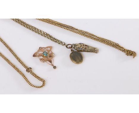 Gilt chain set with a 9 carat gold (1.7 grams) and light blue stone set pendant, a gold coloured metal Pharaoh sarcophagus an