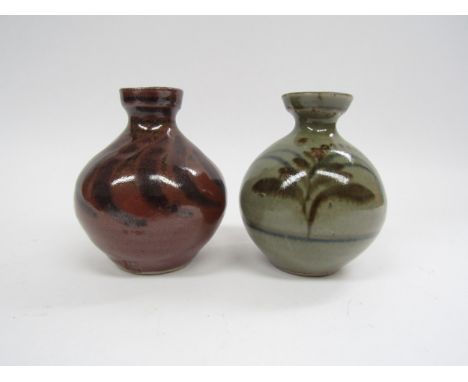 Two Lowerdown Pottery (David Leach) bud vases, Foxglove design and painted curved line design. 8.5cm high 