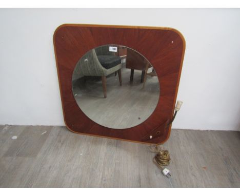 A Danish Teak and Beech veneered wall mirror back with circular mirror and integral single light fitting. Approx 68cm x 68cm 