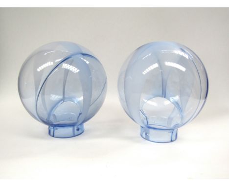A pair of 1960's Murano hand-blown light shades in blue with white line, globe form. 21cm high x 17cm diameter 
