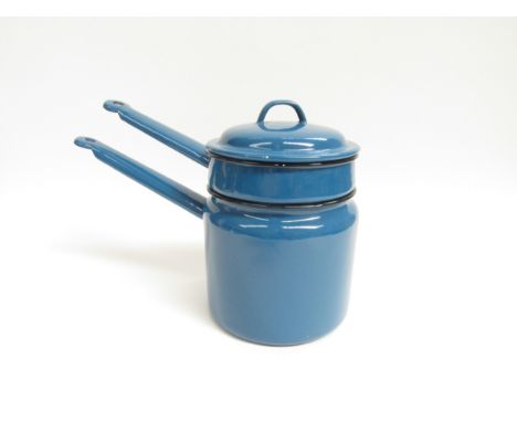 A collection of vintage Viners cutlery and a Polish blue enamel Bain marie pan set,  20cm high 