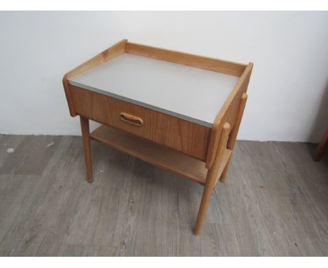 A Danish light oak low side table with single drawer and aluminium top and undershelf. 48.5cm x 32cm x 51cm high 