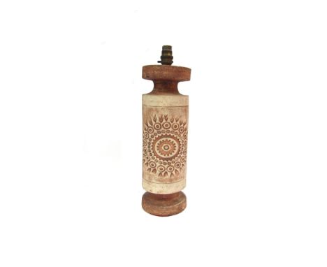 A Studio pottery cylindrical lamp base, possibly Cornish, with textured design. 41.5cm high 