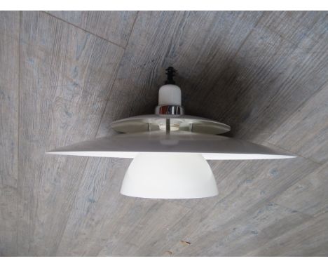 A Danish Poulsen style ceiling light of three tiers in white and chrome. Approx 43cm diameter 