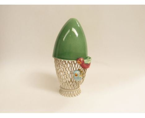 A vintage novelty birdcage lamp base/pendant in pottery and wire,  25cm high 