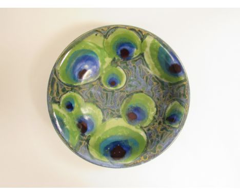 Dartington Pottery - A Janice Tchalenko designed large Peacock pattern bowl, seal covered with glaze. 29.5cm diameter x 8.5cm