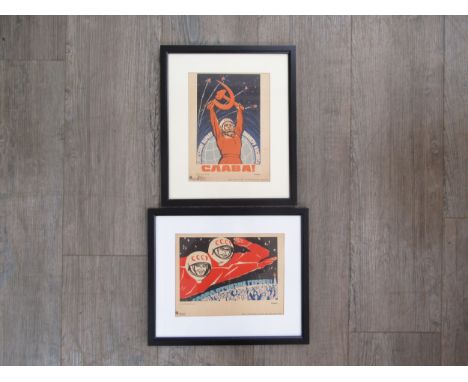 Two 1960’s Russian USSR Cosmonaut posters, one depicting Yuri Gagarin holding hammer and sickle, the other of Astronauts flyi