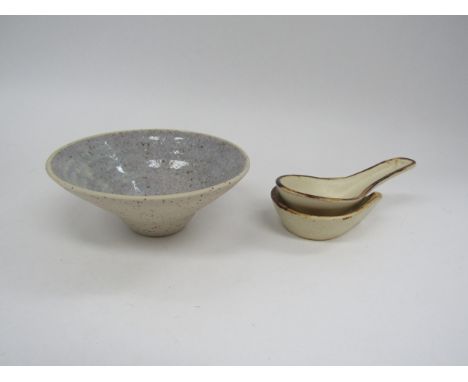 A studio ceramic soup spoon and rest, beige glaze together with a studio pottery pedestal bowl, impressed seals. 5cm high x 1