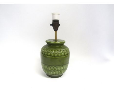 An Italian Pottery mid 20th century table lamp base, green glaze with impressed shapes. Painted marks inside. Lamp height 17c