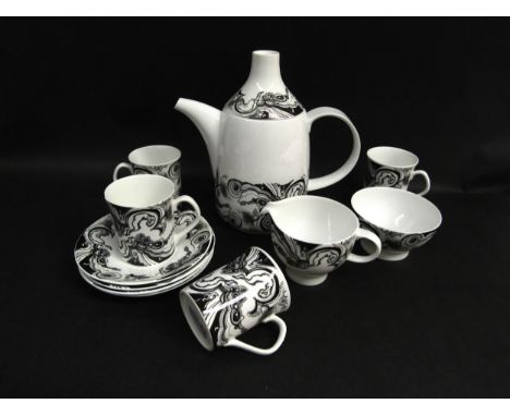 A ceramic coffee set in "Storm" pattern, shape by A. Kusmirek for Elizabethan English Bone China 