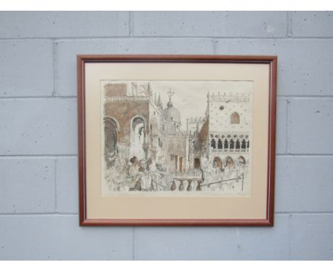 JOHN STANTON WARD RA (1917-2007). A framed and glazed, hand coloured lithograph - 'Piazzo San Marco, Venice'. Pencil signed, 
