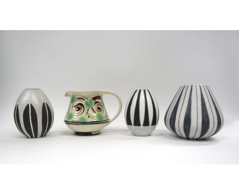 A Herman Kahler pottery jug with swirl detail, 10cm high together with three other Continental ceramic pieces. tallest 10.5cm