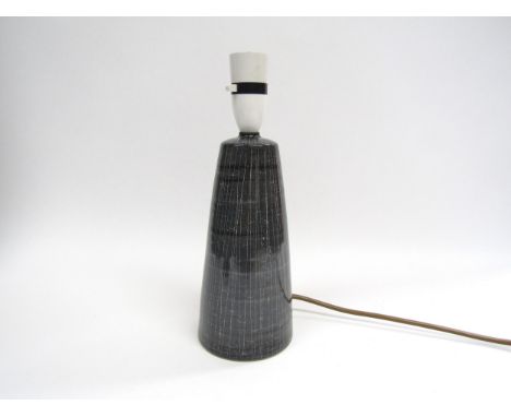 A Rye Pottery table lamp of conical farm, slate coloured glaze with sgraffito detail. 28cm high including fitting 
