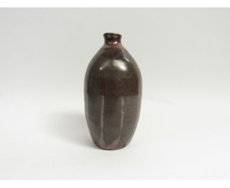 A St Ives Leach Pottery studio pottery vase with tenmoku glaze, impressed pottery seal.   18cm high 