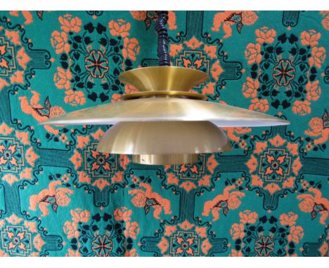 A Danish Poulsen style ceiling light of five tiers in brassed metal and white. Rise and fall action. Approx 50cm diameter 