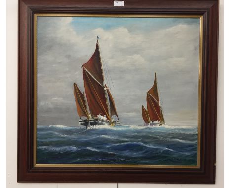 R A Jelley (20th century): An oil on board depicting yachts on high seas, signed and dated '72, 55 x 60 cm