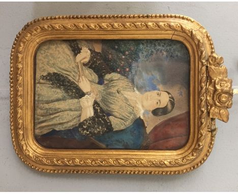 A Victorian miniature watercolour depicting a portrait of a lady