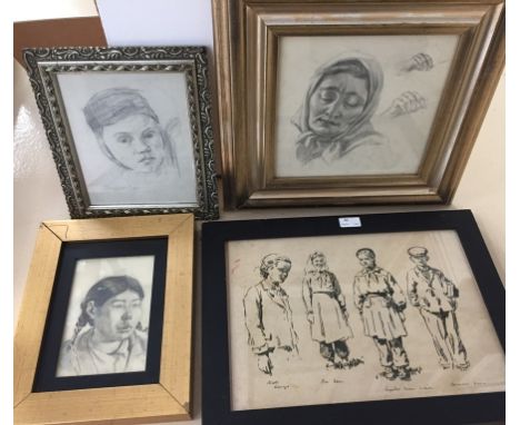 A quantity of Russian portrait studies, pencil/ink, variously signed & inscribed, the largest 29 x 42 cm