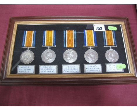 Five WWI War Medals: No.100192 Pte T.H. Hardy, Durham Light Inf.; No. 201802 Cpl Robertshaw, West Riding Regiment; L26445 Dvr